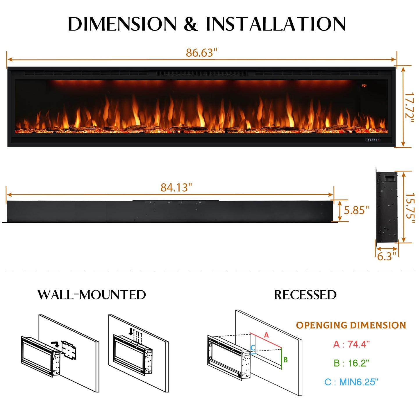 84 inch Smart Electric Fireplaces with App Control, Slim Recessed and Wall Mounted Fireplace Heater for Living Room, Multicolor Flame, Overheating Protection, WiFi-Enabled, Timer, 1500W, Black