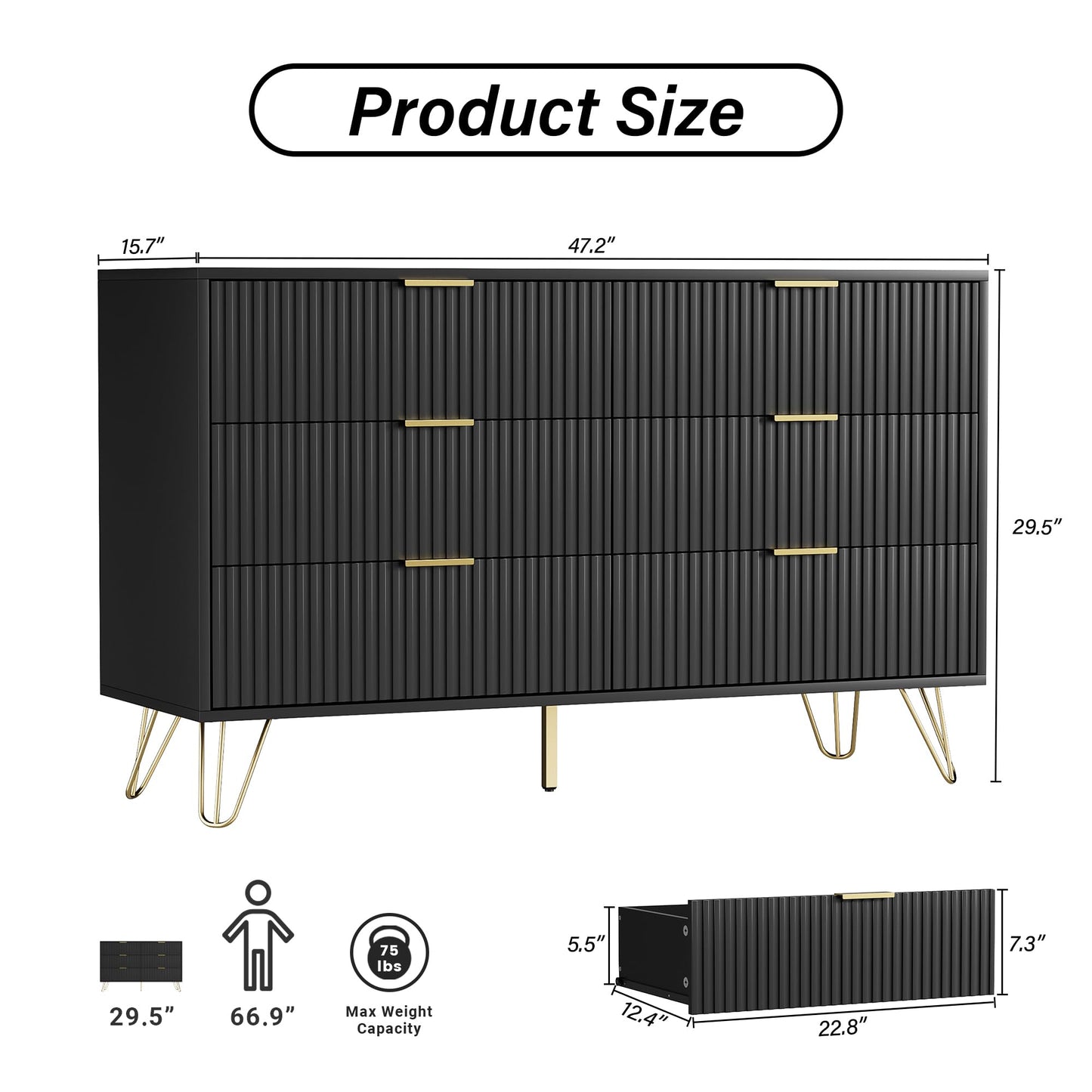 Furniway Black Dresser for Bedroom, Modern Dresser with Gold Metal Handles & Chests of Drawers for Bedroom, 15.7" D x 47.2" W x 29.5" H