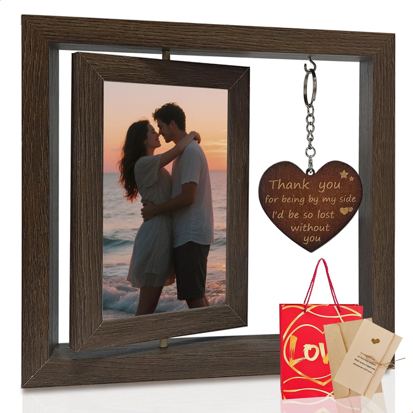 Kinonlus Rotating Photo Frame 4x6 Inch Double-Sided Display for Couples & Parents Gift for Anniversary, Wedding or Family Anniversary Memorial Valentines Thanksgiving Keepsake Decor