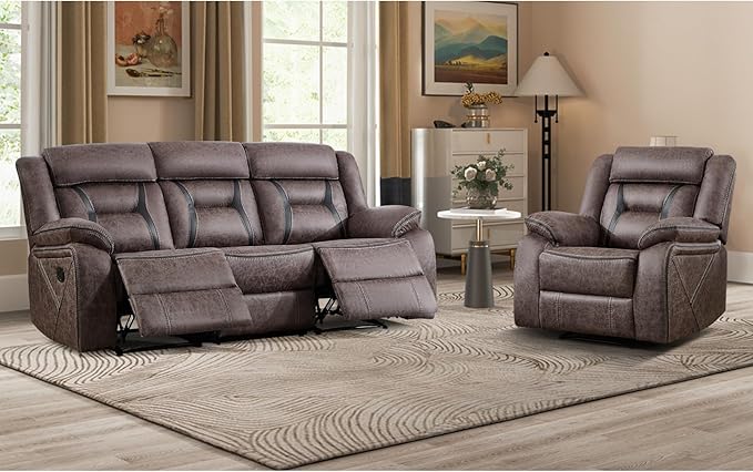 EBELLO Manual Recliner Sofa Set, Faux Leather Reclining Living Room Furniture Set, Included Recliner Chair and 3 Seat Manual Recline Sofa, Grey