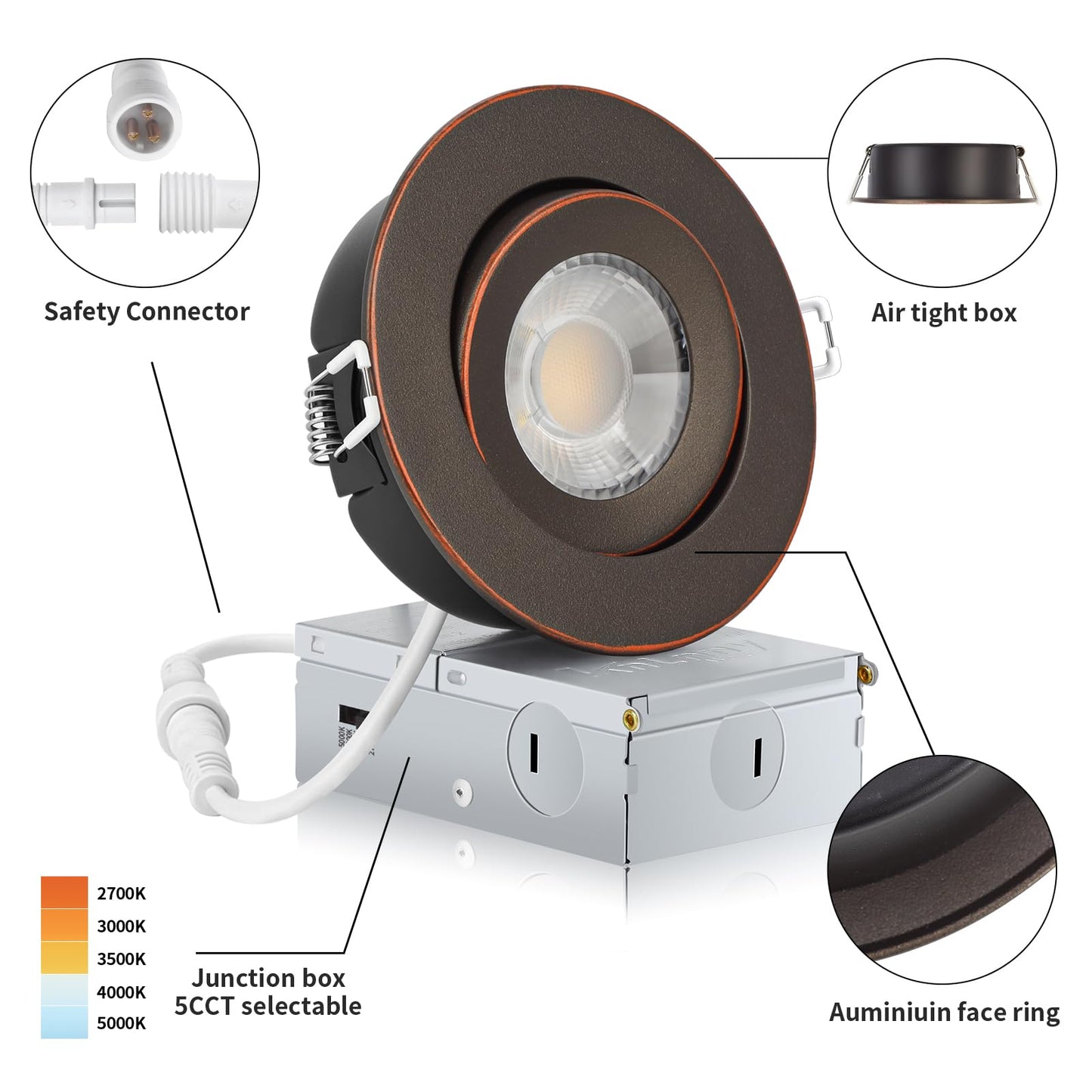 KnLnny Ware Oil Rubbed Bronze Recessed Lighting 4 Inch 6 Pack,Gimbal Led Lights with Junction Box,5CCT Selectable,9W 750LM,Dimmable