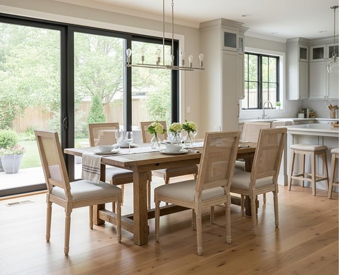 CIMOTA Farmhouse Dining Chairs Set of 4, French Rattan Dining Room Chairs with Rectangle Back/Distressed Wood Upholstered Vintage Side Chairs for Kitchen/Restaurant, Beige/4PCS