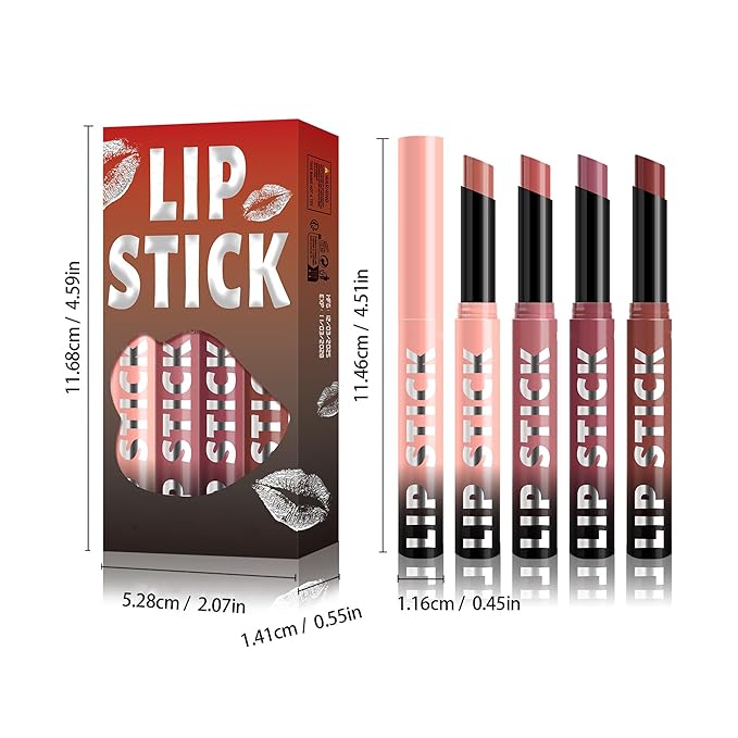 4Pcs Pink Nude Peach Light Purple Rose Wood Matte Lipstick Set，Creamy Matte+Lipsticks，Hydrating Balm-in-Lipstick，Velvety Finish for Women Daily Lip Makeup，High-pigment Formula，Easy to use and color