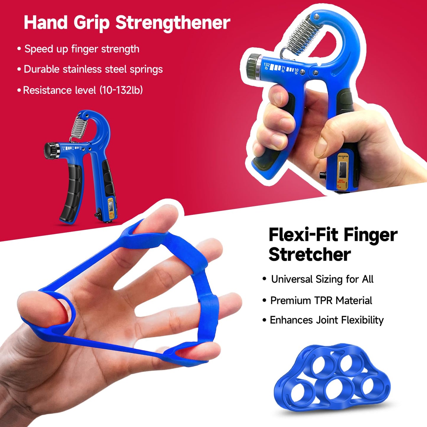 FitBeast Hand Grip Strengthener Workout Kit (5 Pack), 2 Forearm Grip Adjustable Resistance Hand Gripper, Finger Stretcher, Grip Ring & Stress Relief Grip Ball for Athletes, Dark Blue