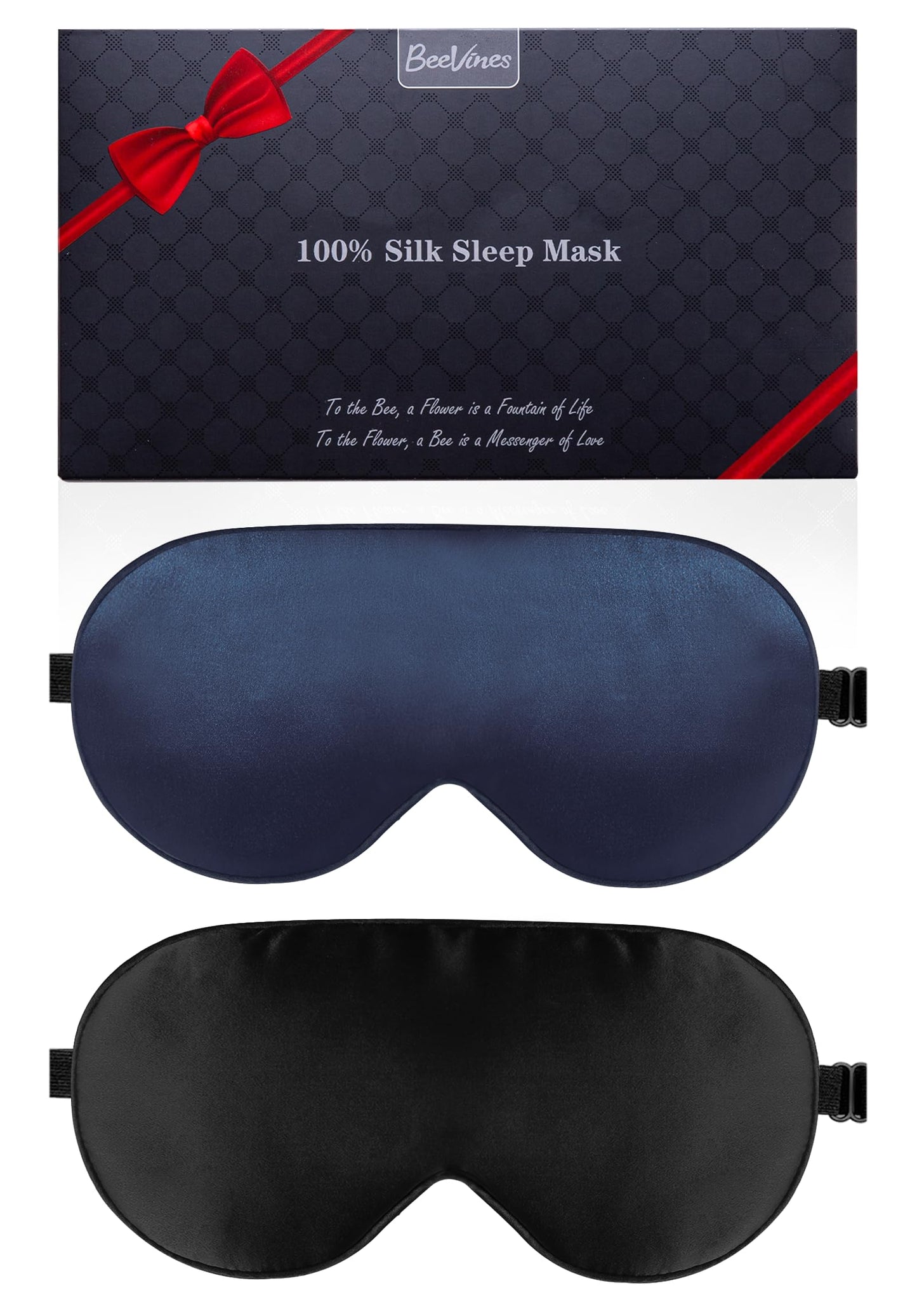 BeeVines 100% Real Mulberry Silk 2 Pack Sleep Mask, Pure Silk Eye Masks with Adjustable Strap for Sleeping, 100% Block Light Eye Sleep Shade Cover, Reduces Puffy Eyes Traveling Gifts(Black & Blue)