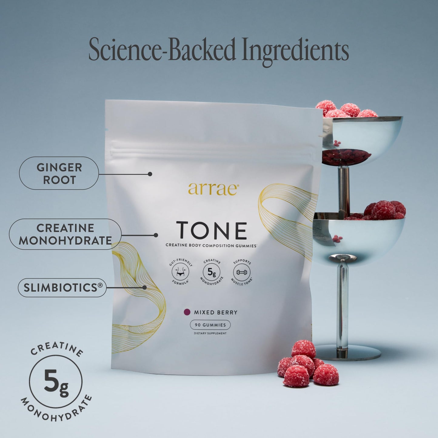 Arrae Tone Gummies – Creatine Monohydrate 5g for Women – Support Lean Muscle, Strength & Recovery – Hormone-Friendly Muscle Toning Supplement – Mixed Berry Flavor – 90 Count