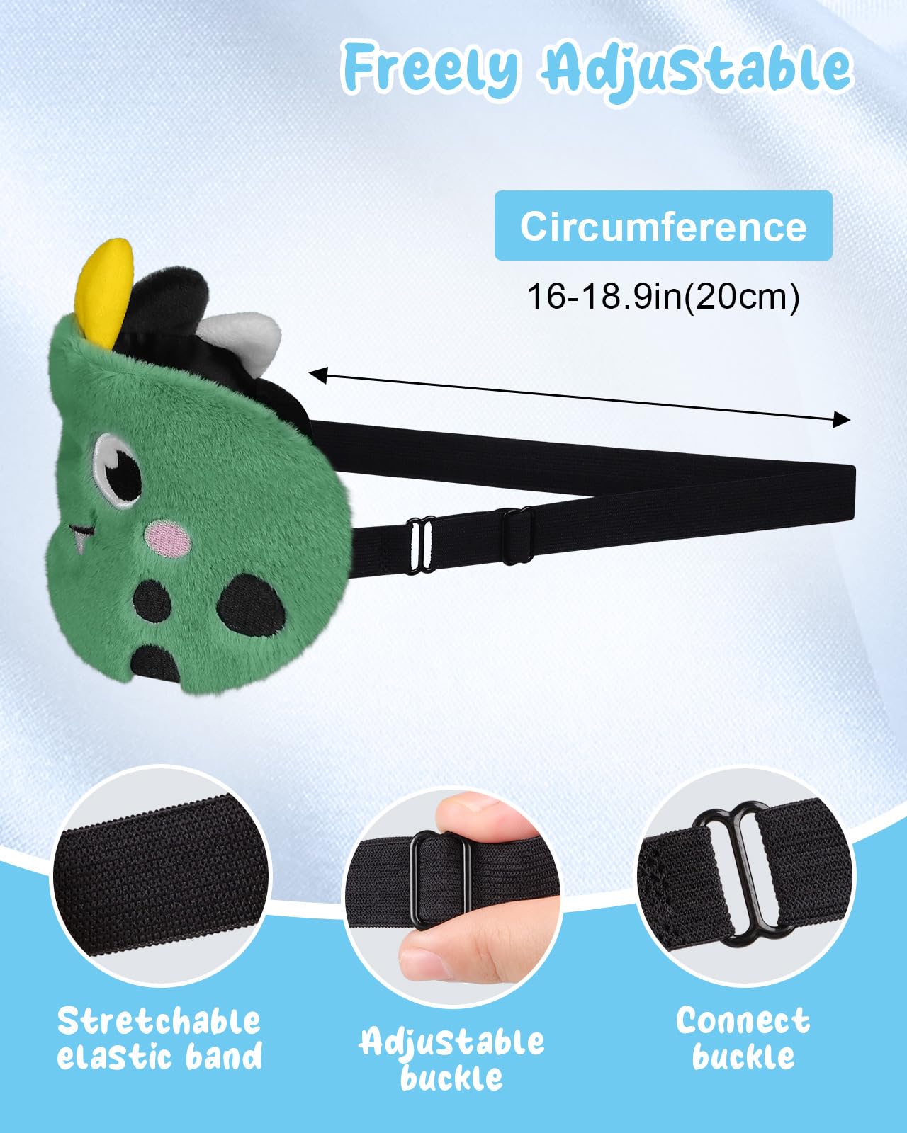 Miss Adola Sleep Mask for Kids - Cute Cartoon Plush Fuffy Sleeping Eye Cover Green Dinosaur Kawaii Soft Eyeshade with Adjustable Strap Animal Eye Blindfold for Kids Girls Boys Teens