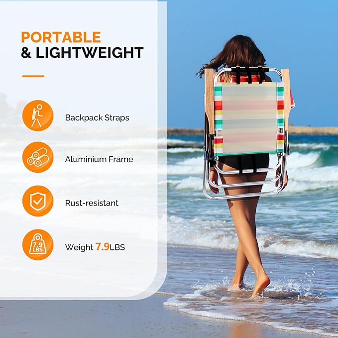 VINGLI Aluminum 17" Backpack Beach Chair – Tall Beach Chairs for Adults, Portable with Adjustable Straps, 3-Position Reclining, Cup Holder, High Lightweight Beach Chairs for Beach
