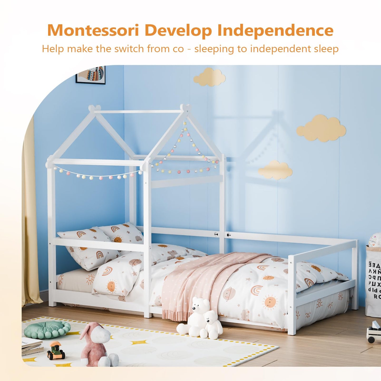 VALUE BOX Twin House Floor Bed Frame with Roof, Wooden Montessori Bed with Safety Fence, Kids Bedroom (White)