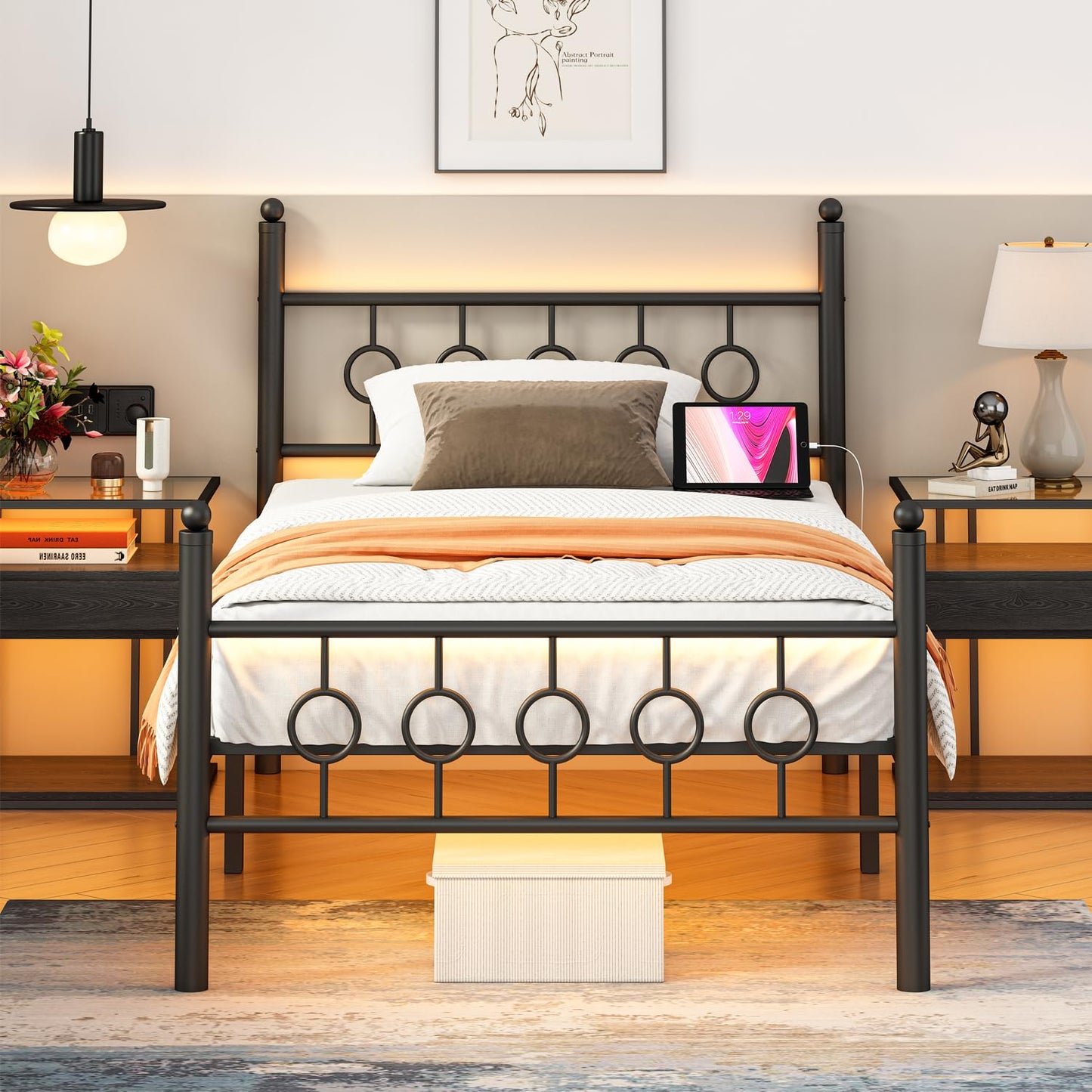 Jenmit Twin Bed Frames with Headboard, LED Bed Frame with Charging Station, Metal Platform, Under-Bed Storage, No Box Spring Needed, Noise Free, Easy Assembly, Black