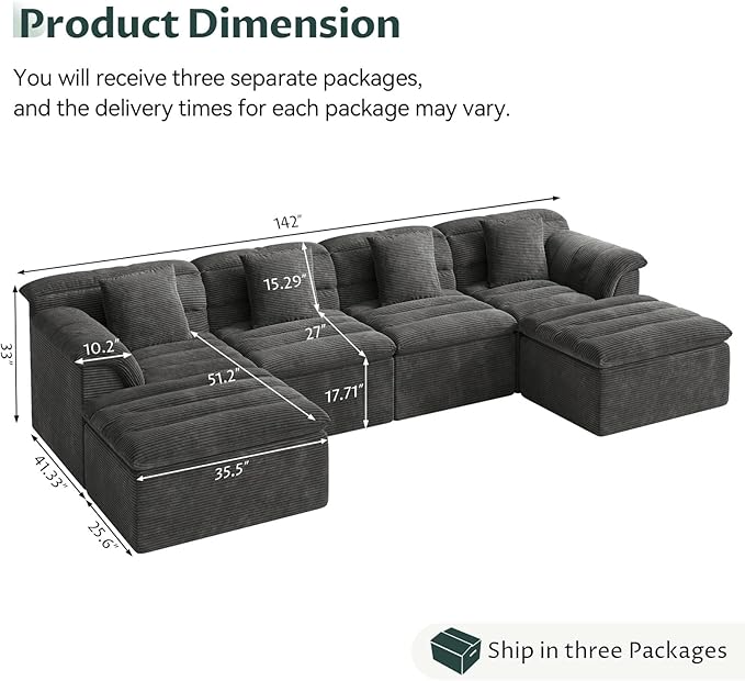 SUNG7 142" Modular Sofa with Ottoman, Boneless Cloud Couch with Deep Seat, Comfy U-Shape Corduroy Couches for Living Room, No Assembly Required, Dark Gray