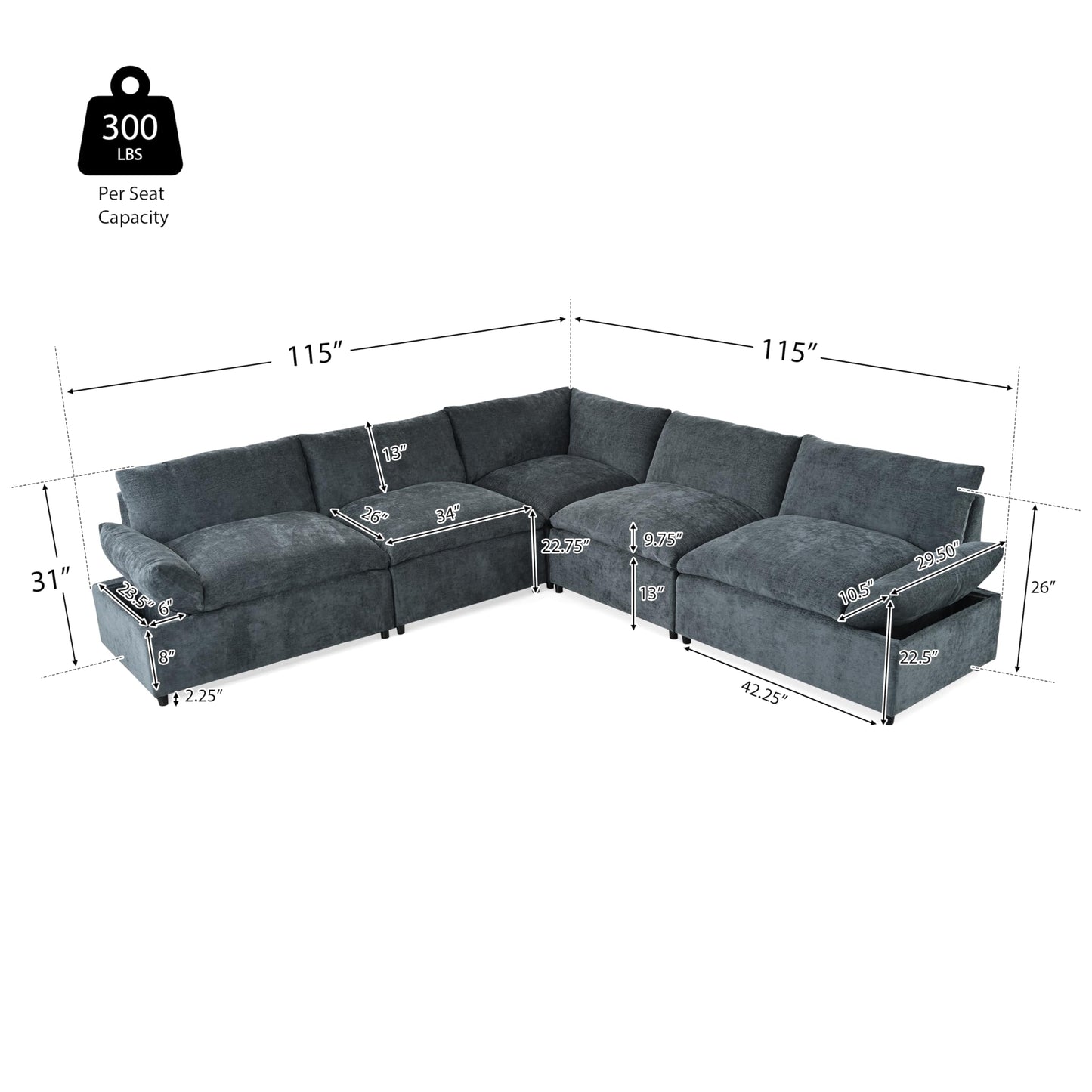 Merax 115.5" Modular Sectional Sofa, Upholstery 5 Seat Versatile Couch Set, L Shaped Indoor Furniture with Plush Cushions, Hidden Storage Compartments for Living Room, Lounge, or Office, Dark Gray