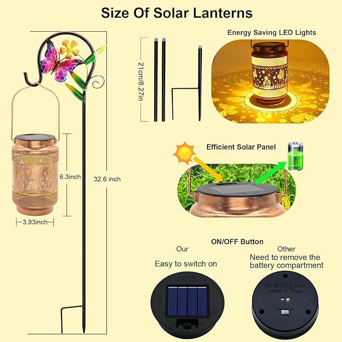 Butterfly Solar Lanterns Outdoor Waterproof with Shepherd Hook, Birthday Gifts for Women Mom Grandma, Metal Solar Hanging Lights Garden Decor for Outside Yard Patio Pathway Backyard Porch