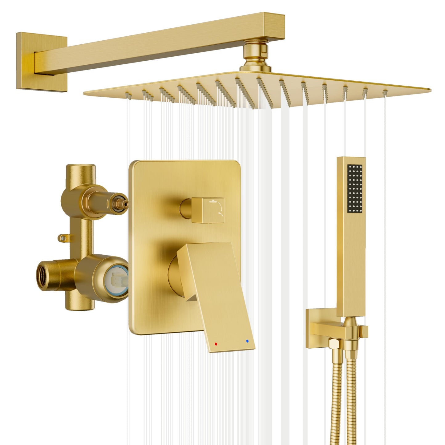 HomGoo Gold Shower System, Shower Faucet Set with 10" Rain Showerhead and Handheld Combo Spray, Bathroom Wall Mounted High Pressure Shower Combo Set Included Valve and Trim, Brushed Gold
