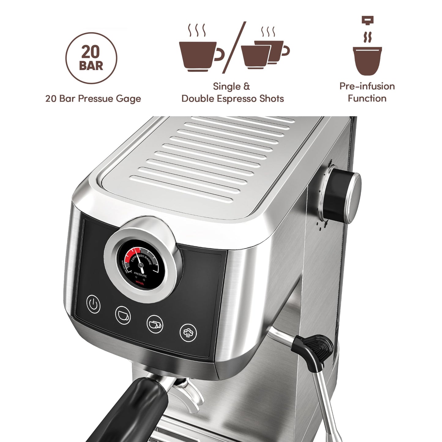 wirsh Espresso Machine,20 Bar Semi-Automatic Espresso Maker with Milk Frother Steamer&Touch Screen,Compact Stainless Steel Expresso Machine for Latte & Cappuccino,42oz Tank,UPGRADE