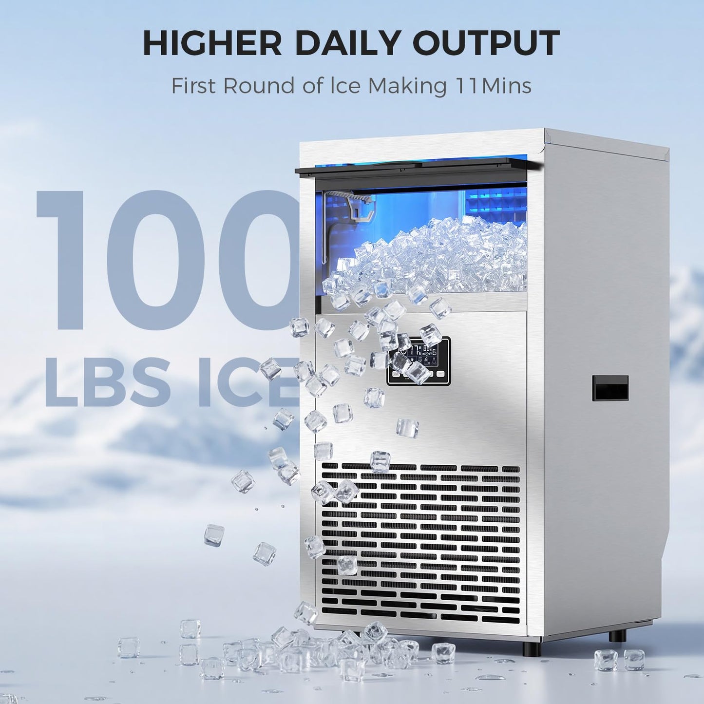 Electactic Commercial Ice Maker Machine,100lbs/24H Stainless Steel Ice Machine,29lbs Storage, Auto Self-Cleaning Freestanding Ice Maker, Ice Machine Freestanding for Bar/Cafe/Restaurant-Silver