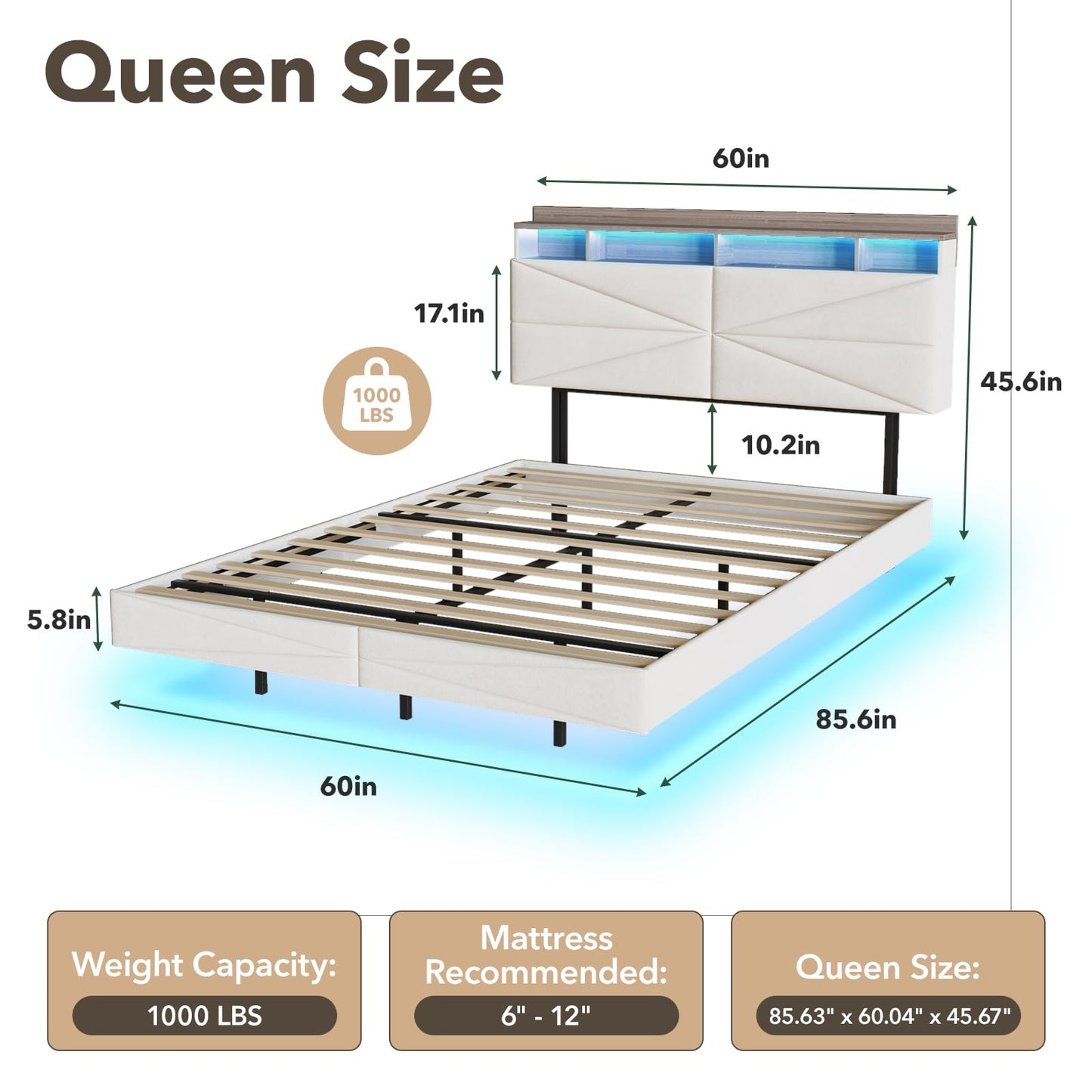 Queen Size Floating Bed Frame with Hidden Storage Headboard, Modern Metal Queen Bed with Charging Station, Upholstered Platform Bed with Shelf and LED Lights, Noise-Free, No Box Spring Needed, White