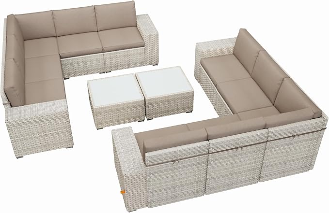 Broivira 12 Piece Patio Furniture Set, 9.8" Wide Arm Sectional Sofa with Storage Armrests, All-Weather Rattan Outdoor Conversation Set for Garden, Porch, Lawn, Backyard, Balcony, Khaki