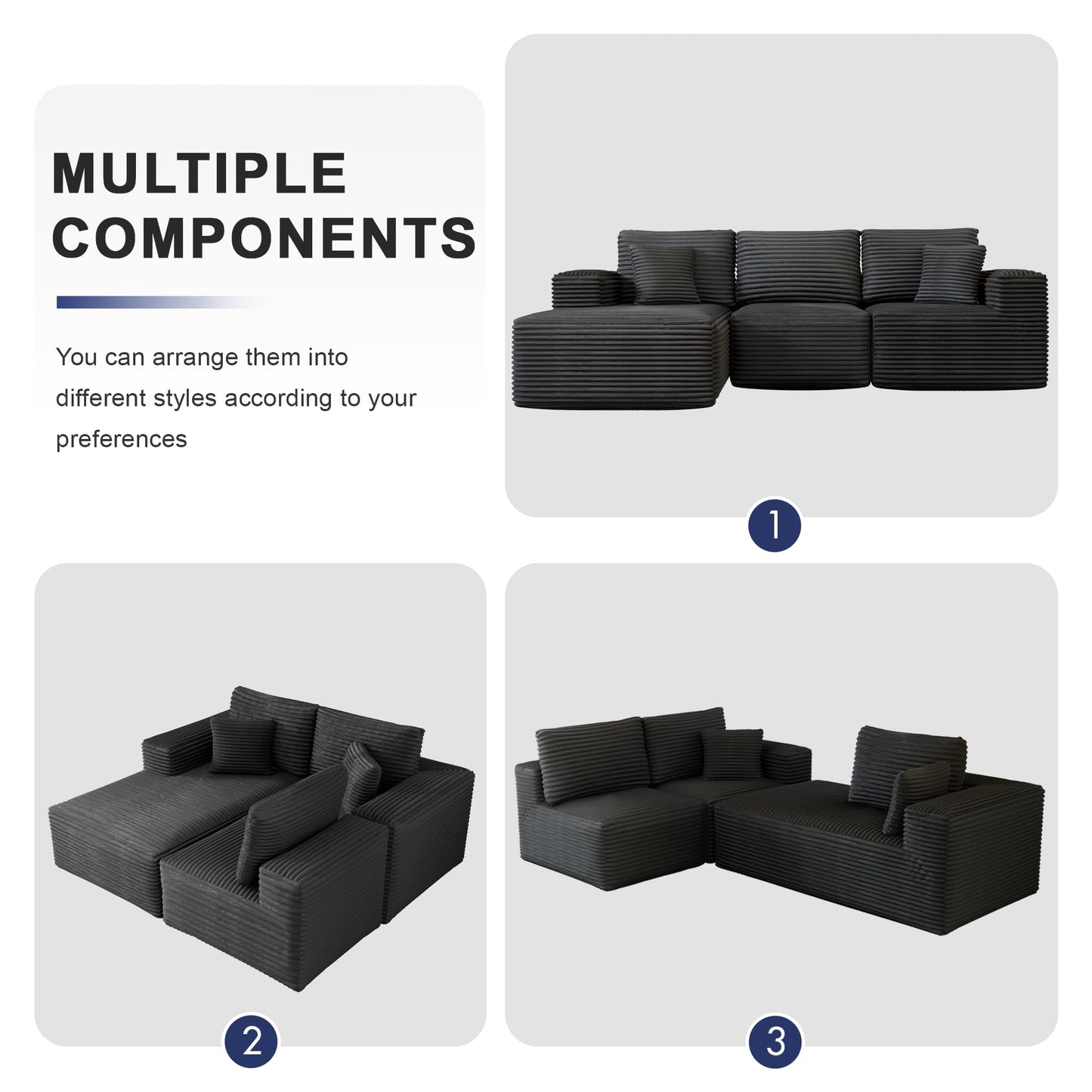 104" Modular Sectional Sofa with L-Shape Chaise, Modern Upholstered Cloud Couches for Living Room Bedroom, No Assembly Required, Dark Grey