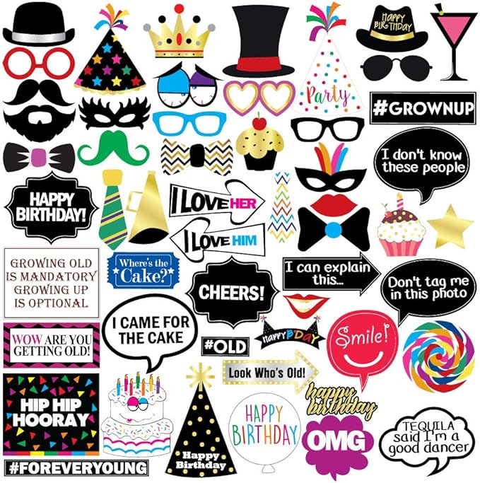 Funny Birthday Photo Booth Props - 47 Pieces - 21st - 30th - 40th - 50th - 60th - 70th - 80th - 90th - Birthday Party Supp...