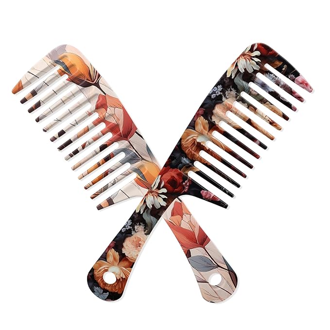 2PCS Wide Tooth Comb,Effortless Tangle Removal for Long Hair Styling Comb for Curly,Wet,Cute Aesthetic Design for Women Men and Girls(Black-Flowers-08)