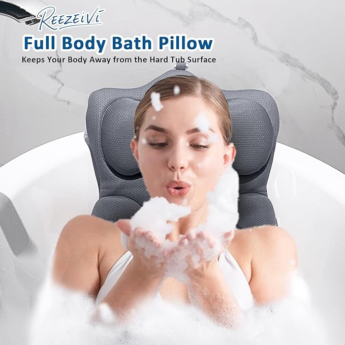 REEZEIVI Full Body Bath Pillow,Thick Bathtub Cushion with Laundry Bag,Bath Pillow with 13 Non-Slip Suction Cups,Soft 3D Mesh Fabric,Bathtub Cushion for Headrest Neck and Back Support (Gray)