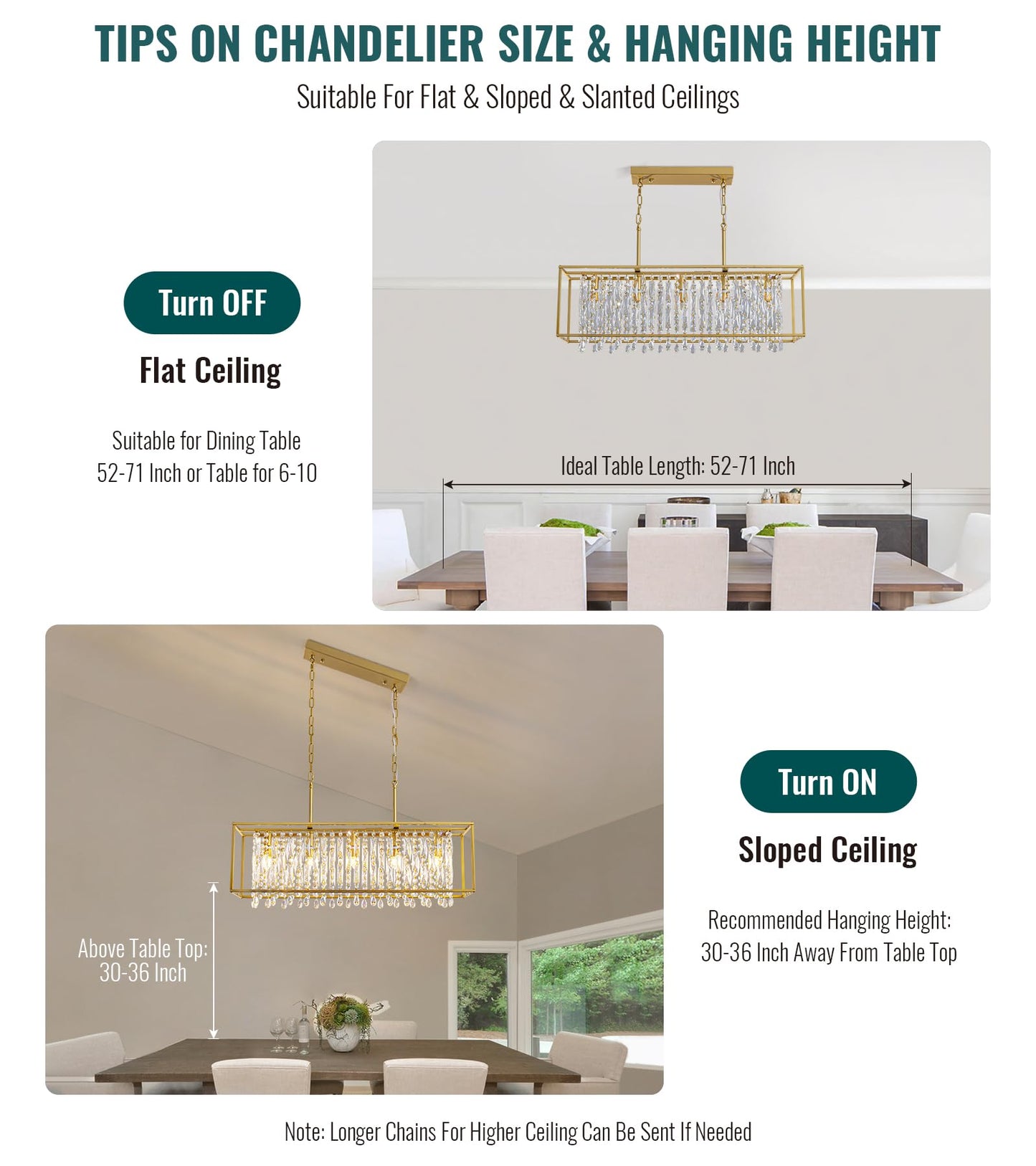 Siljoy Rectangular Gold Crystal Chandelier for Dining Room, 5-Light Modern K9 Crystal Raindrop Chandelier Luxury Crystal Pendant Ceiling Light for Living Room Kitchen Island L35.4'' x W11'' x H12''