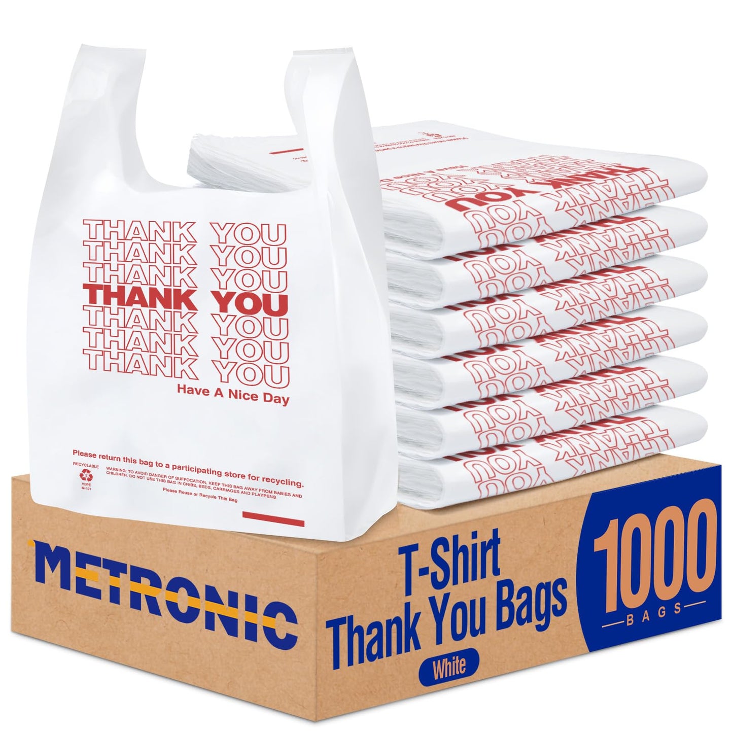 METRONIC 1000 Count White Thank You Bags with Handles, 11.5" x 6.5" x 21" Plastic Carry Bags for Retail, Supermarket, Grocery Shopping Bag for T-shirt Packaging, Takeout, Convenience Stores, in Bulk