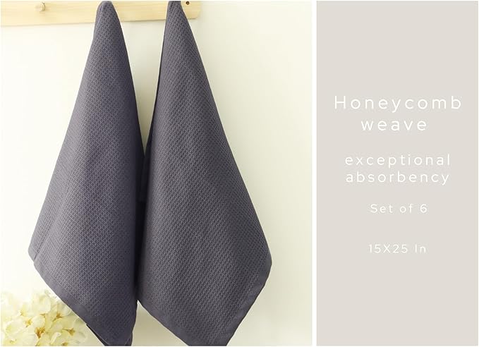 PurpleEssences Waffle Weave Kitchen Towel, 100% Cotton 15x25 Inches, with Hanging Loop Soft Absorbent Quick Drying Dish Cloth, Tea and Hand Towels, 6 Pack - Christmas Holiday Winter - Dark Grey