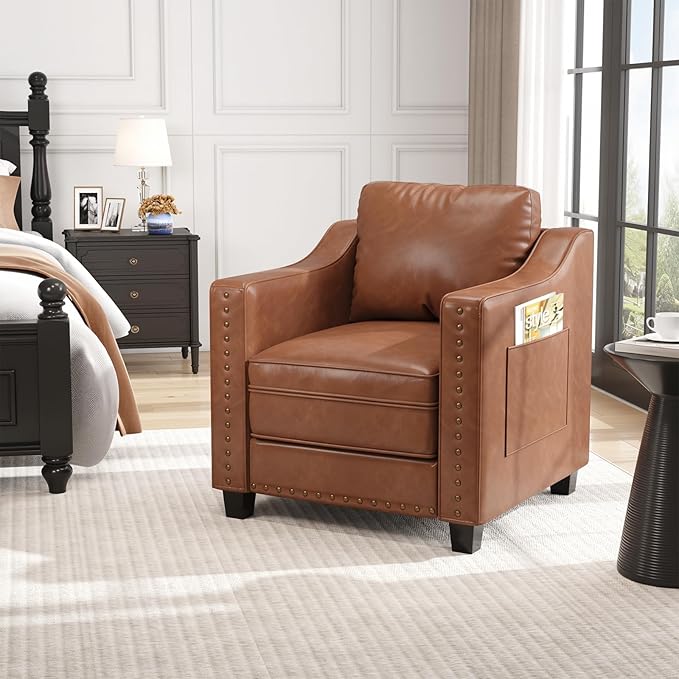 FiveWillowise Faux Leather Accent Chair Set of 2 for Living Room, 30 Inches Barrel Upholstered Armchair, Cozy Mid Century Modern Club Arm Chair Single Sofa for Bedroom, Apartment, Reading Room, Brown
