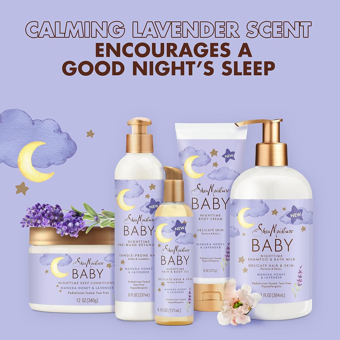 Shea Moisture Baby Care Set - Relaxing Nighttime Shampoo & Bath Milk + Nighttime Body Cream for Delicate Skin, Manuka Honey & La