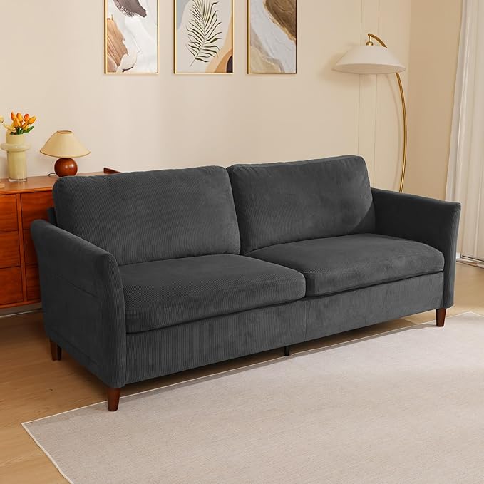 Corduroy Loveseat Sofa, Modern Comfy Couches with Side Pocket, Cloud Sofa Couch for Living Room, Bedroom and Small Spaces,Grey