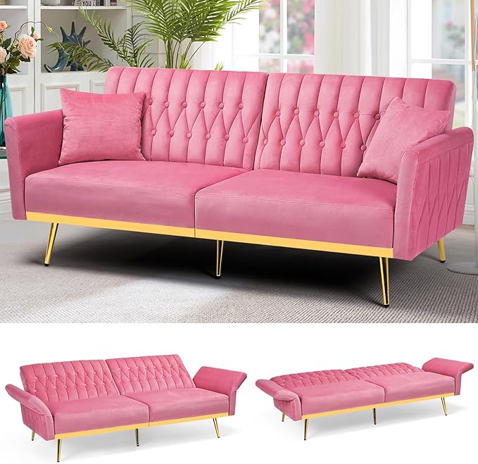 ACMEASE 70” Velvet Futon Sofa Bed with 2 Pillows and Adjustable Armrests, Convertible Sleeper Bed, Modern Loveseat for Living Room, Bedroom, Pink