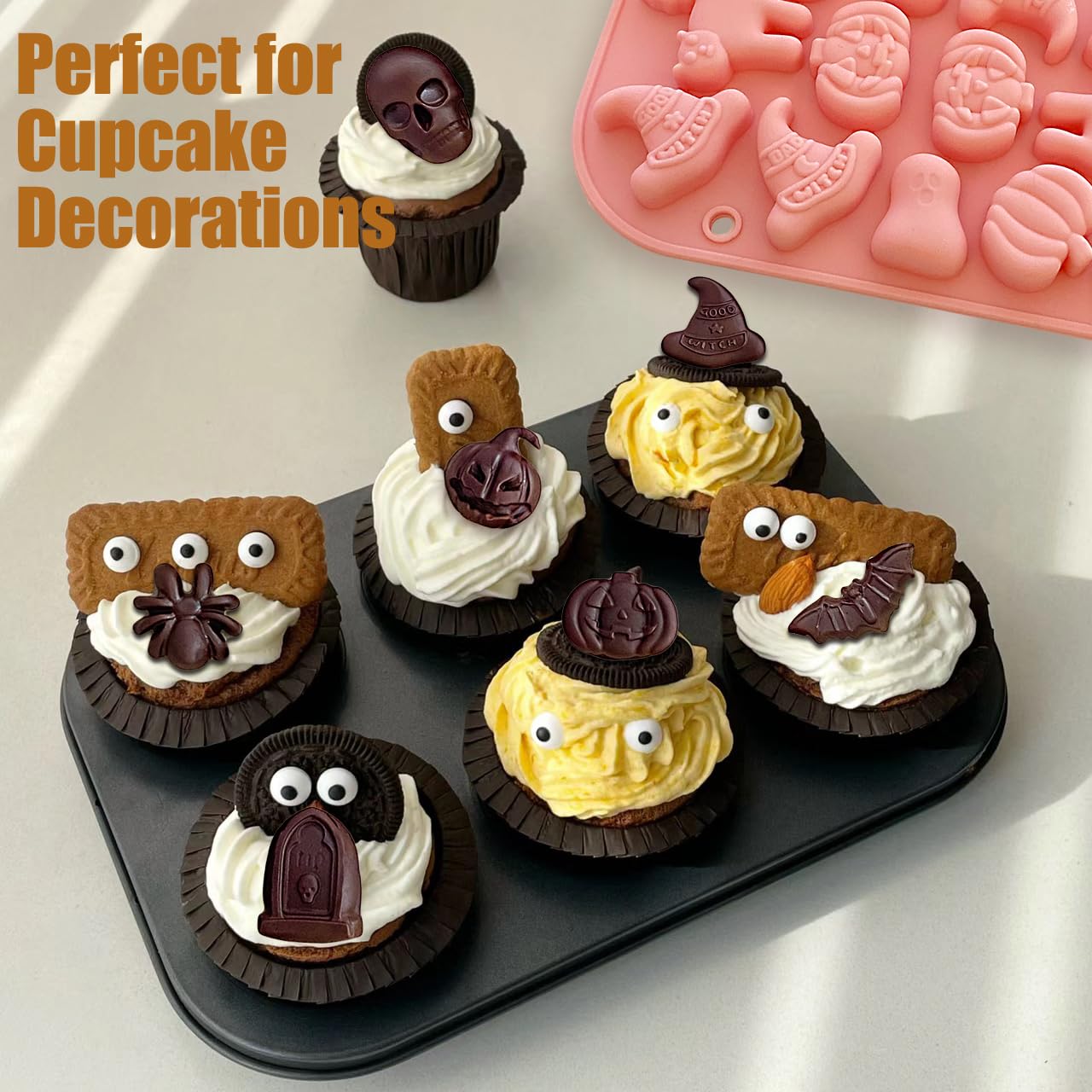 Halloween Silicone Molds - 3 Pack with Pumpkin, Skull, Skeleton, Ghost, Bat Designs for Baking, Chocolate, Candy, Cupcake Toppers