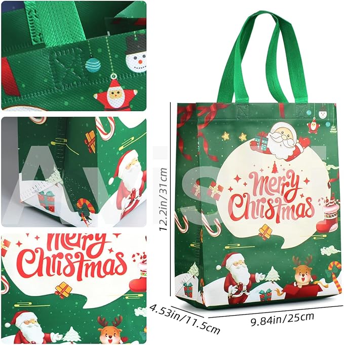 8PCS Christmas Tote Treat Non-Woven Gift Bags with Handles for Gifts Wrapping Shopping, Xmas Party Supplies, 12.2×9.8×4.53inch