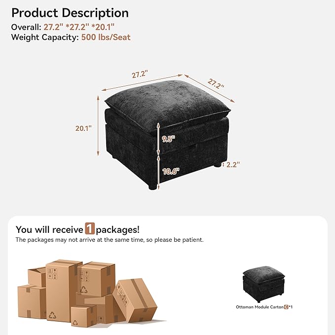 27" Cloud Sectional Modular Couch Ottoman with Storage, Upholstered Footrest with Anti-Slip Legs Large, Chenille Square Ottoman for Living Room, Bedroom, Entryway, Black