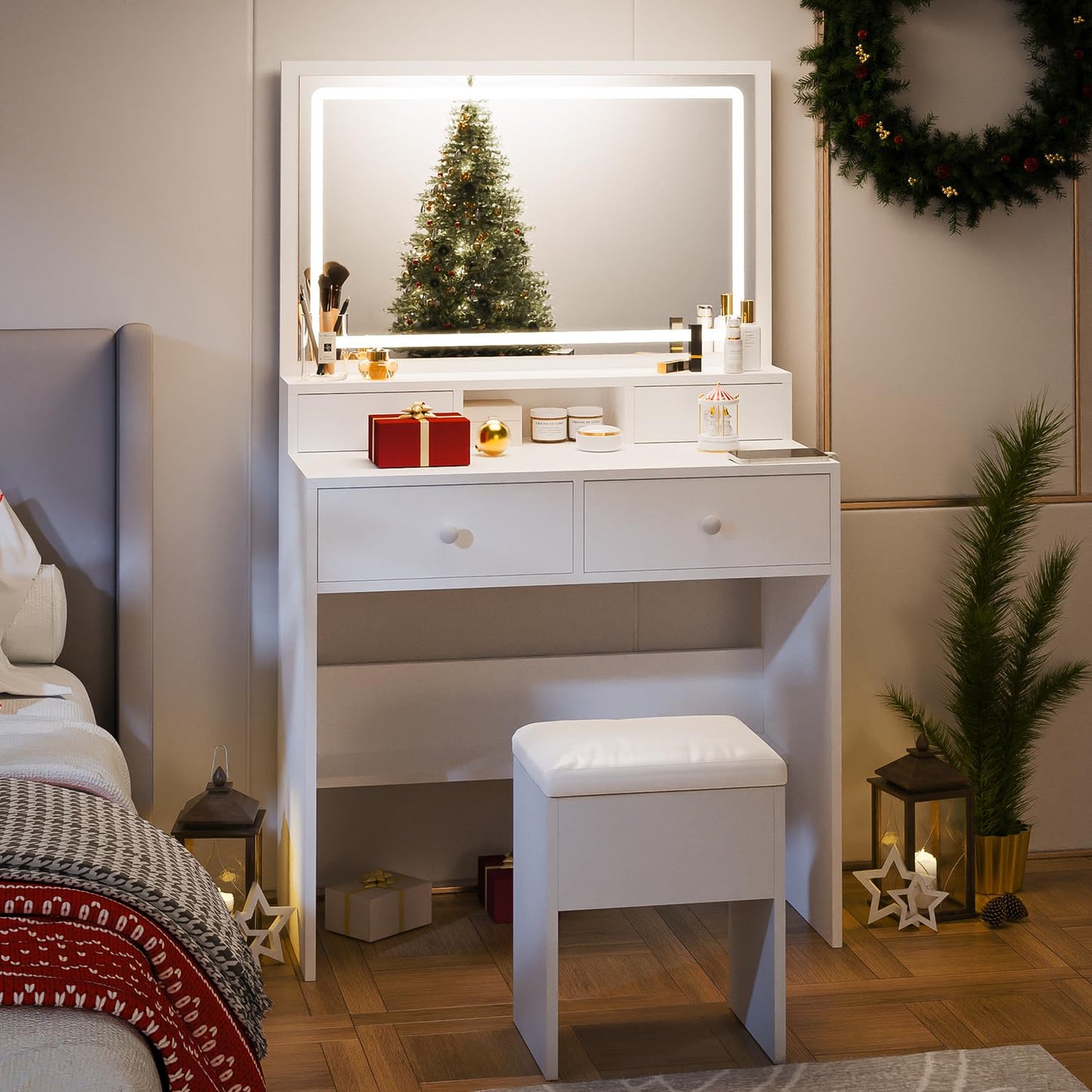 Haewon White Makeup Vanity with Lighted Mirror and Charging Station, Vanity Table Set with Adjustable Lighting, 4 Drawers, Storage Chair for Bedroom