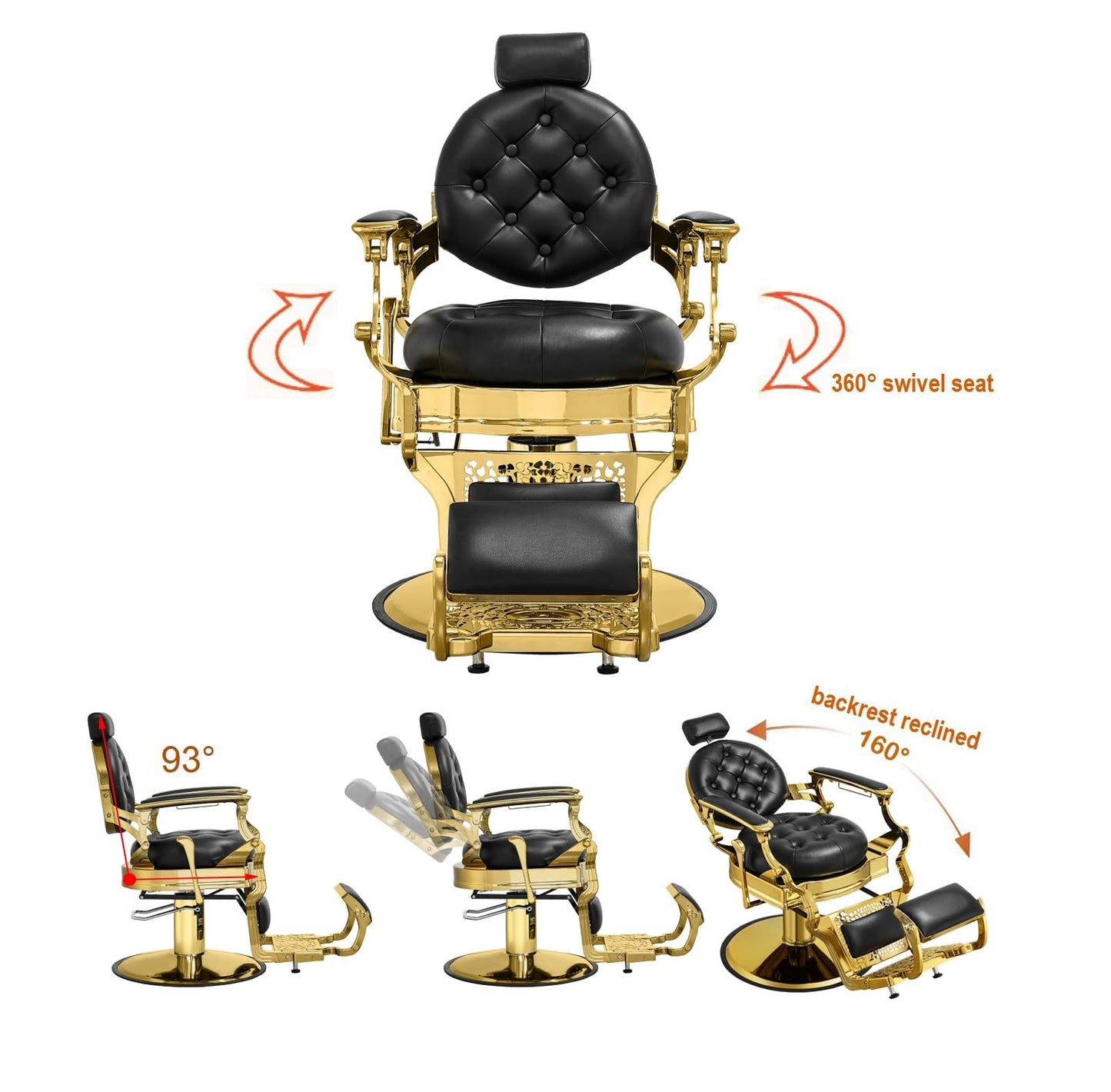 Kaleurrier Salon Chair for Hair Stylist: Barber Chairs for Barbershop - Heavy Duty Reclining Hair Chair with Footrest for Home Wide Seat Gold and Black