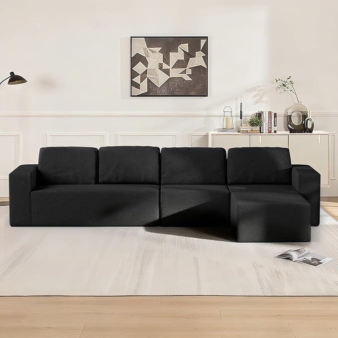 Furnify 40" Memory Foam Couch Footrest, Cloud Modular Sofa Ottoman, Upholstered Floor Sofa Ottoman, Upholstered Sofa for Bedroom Living Room, No Assembly Required (Black, Teddy Boucle)
