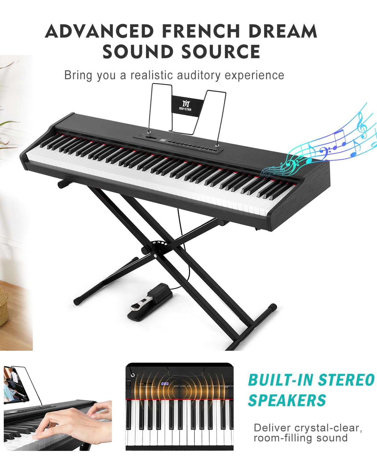 MUSTAR Digital Piano 88 Key Weighted with Stand, 88 Key Semi Weighted Keyboard Piano MEP-900, Portable Electric Piano Keyboard 88 Keys with Bluetooth Connection, Case, Sustain Pedal, MDF, Black