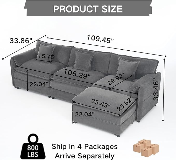 RENDGO 109" Modular Sectional Sofa with 1 Ottoman, Chenille Cloud Couch for Living Room & Apartment, Deep Seat Comfort, Flexible L-Shape Combination Sofa for Home & Office,Grey