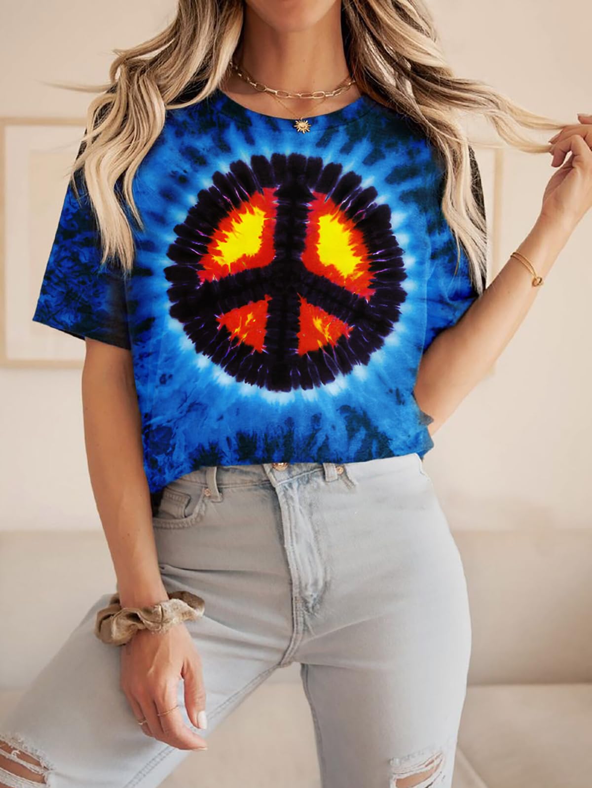 OCURHU Tie Dye Hippie Shirts for Women Hippy Retro 60s 70's T-Shirt Peace Sign Hippie Lover Gifts Tee #Seablue XL