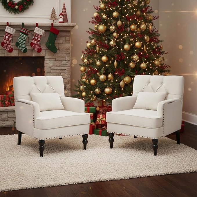 HUIMO Tufted Club Chair Set of 2 with Lumbar Pillow,Accent Chair Upholstered Button Armchair, Linen Fabric Sofa Chairs for Bedroom, Living Room, Mid Century Modern Reading Chair,Beige