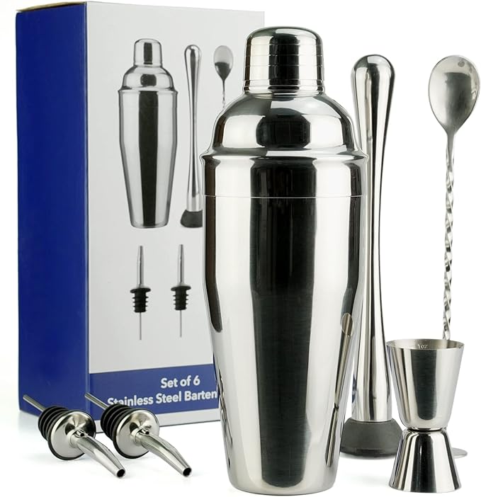 Arora Barware Set - 6pc - Stainless Steel - Professional Bar Tools for Drink Mixing, Home, Bar, Party, Silver, 24oz (851111)