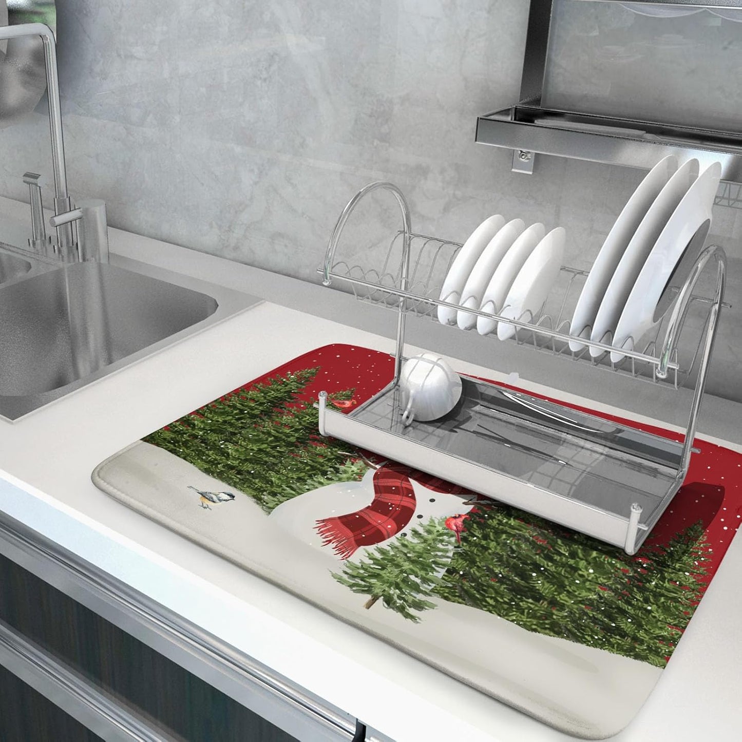 Christmas Dish Drying Mat for Kitchen Counter Red Xmas Snowman Trees Birds Drying Mat 18x24 Inch Winter Holiday Absorbent Dish Drainer Mat Christmas Kitchen Accessories