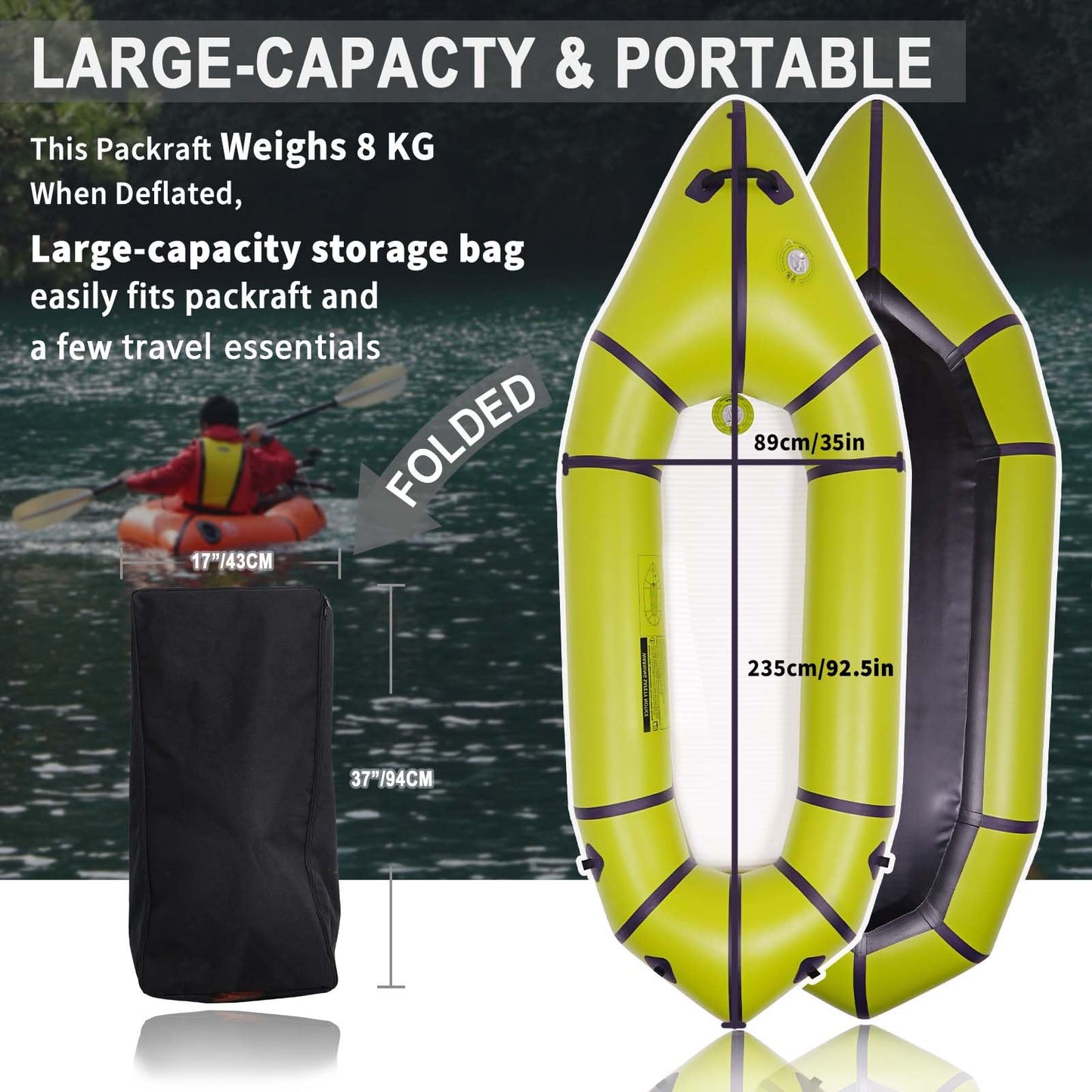 JUSTOOP PVC Packrafts,1 Person Packraft for Flat Water Rafting Camping Trip/Fishing/Water Adventures, Travel Kayak with Two-Way Manual Pump, 300lb Weight Capacity, Green