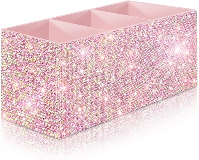 Bling Makeup Brush Holder Organizer, 3 Slot Sparkle Cosmetics Brushes Storage Holders with Shiny Rhinestones, Glitter Cute...