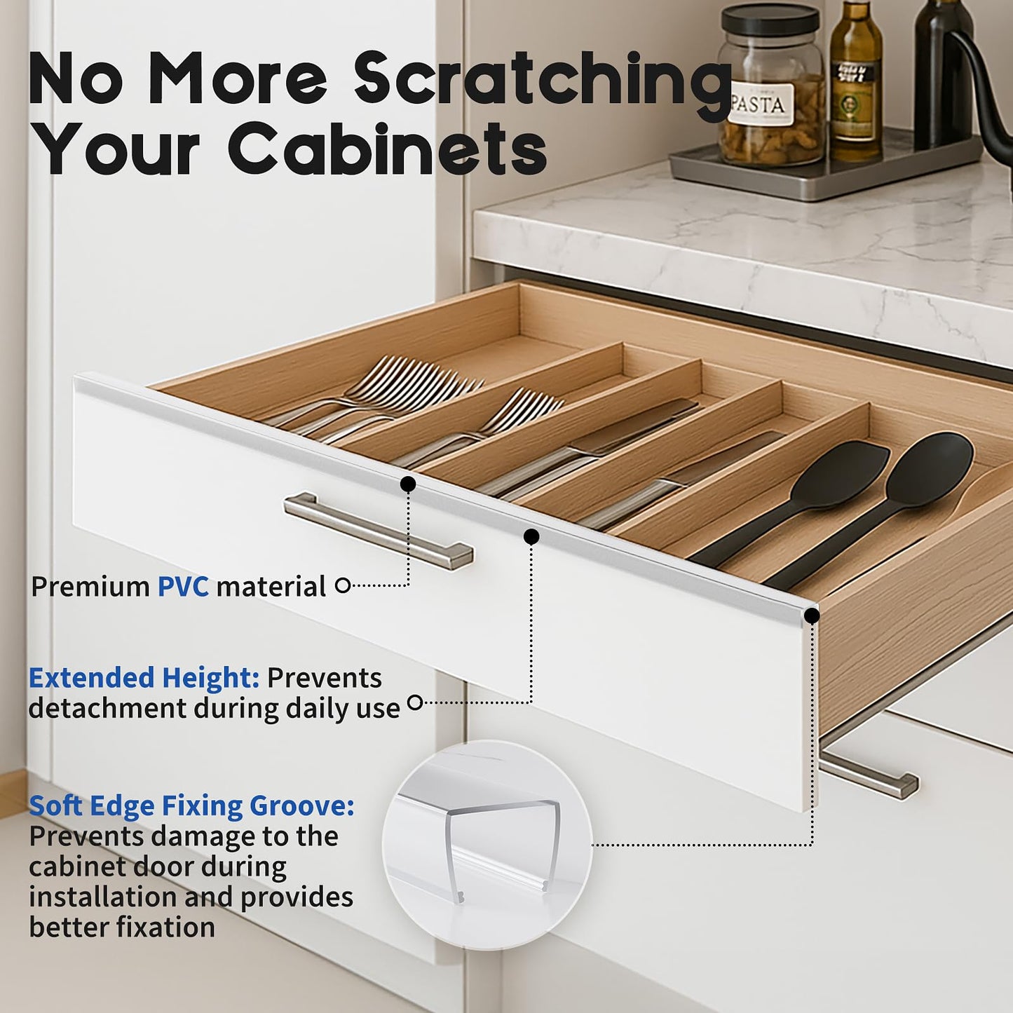 Cabinet Protector Edge Guard (Pack of 6), 24" Clear PVC Cabinet Edge Protectors for 3/4" Thick Kitchen Cabinets Doors – Slip-On No-Tool Sliding Installation