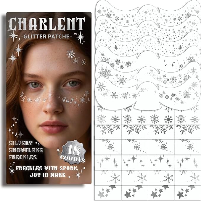 CHARLENT Glitter Snowflake Freckles Face Tattoos - 18 Sheets Waterproof Silver Temporary Makeup Patches for Women Christma...