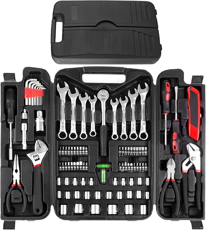 TLGREEN 95 Piece Tool Set, Tool Kit, Mechanics Tool Set, Portable Toolbox with Adjustable Wrench Pliers Socket Bits, with ...